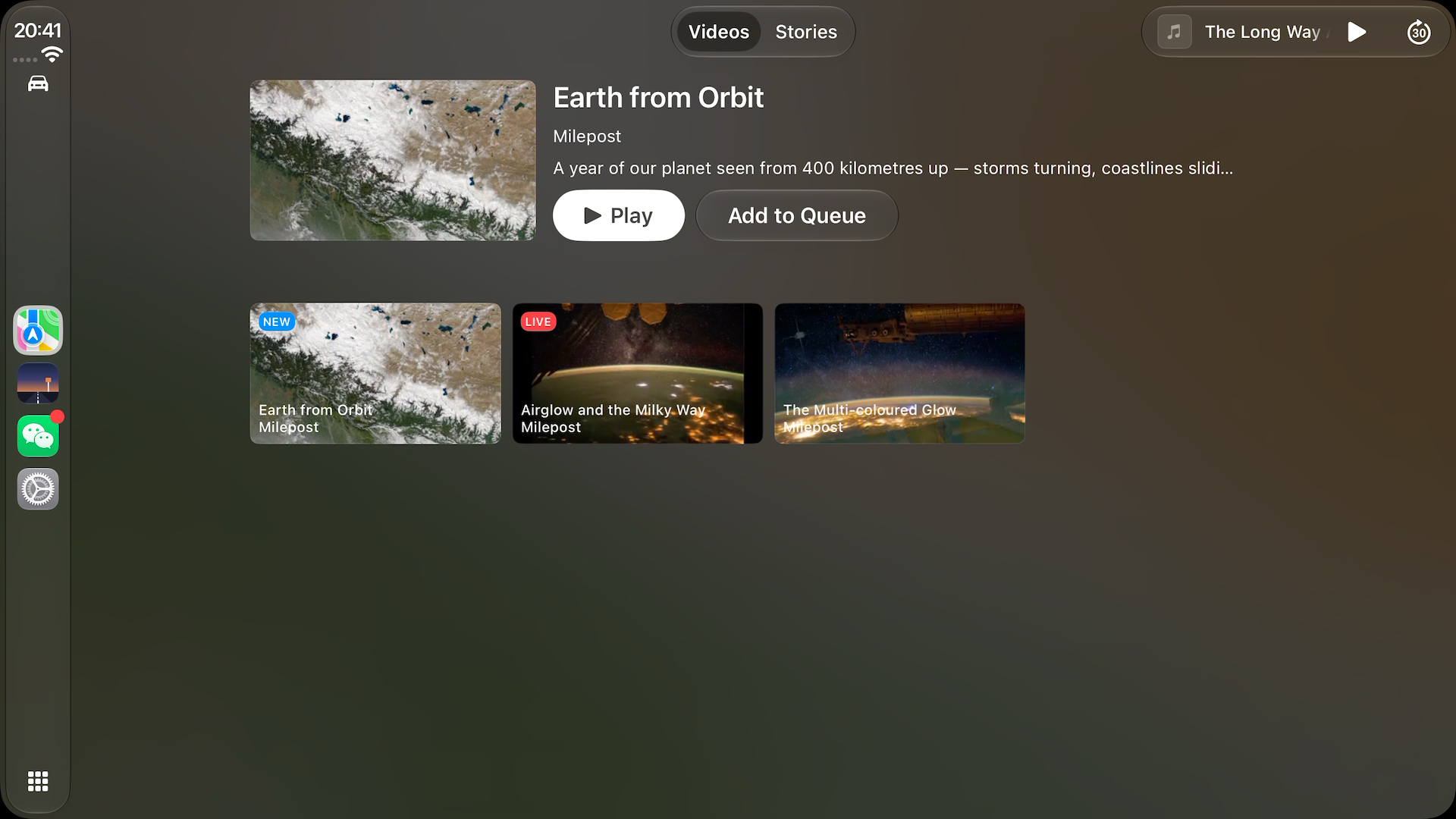Milepost's Videos tab on the CarPlay display